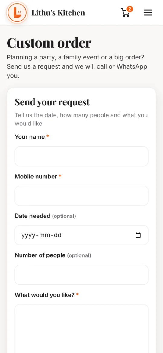 The Custom order page customers see