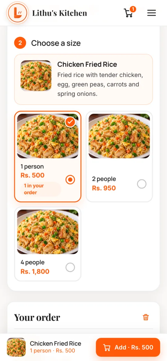 Customer step 2: Pick a day, dish and size
